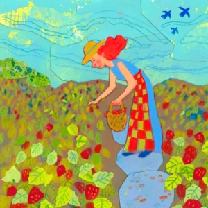 Illustratie Henrieke de Vries | Aardbeien plukken | Wenskaart