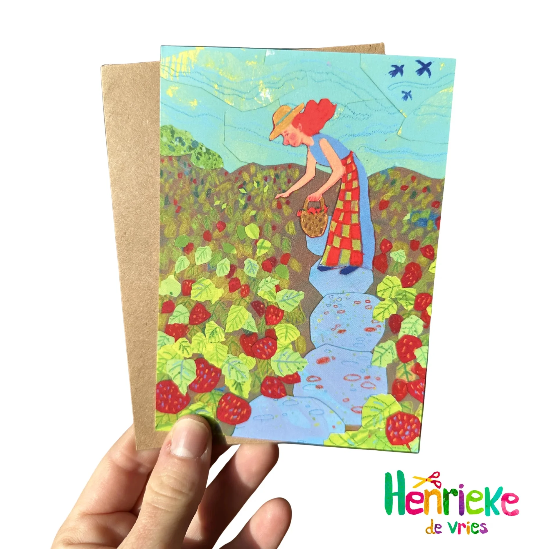Illustratie Henrieke de Vries | Aardbeien plukken | Wenskaart