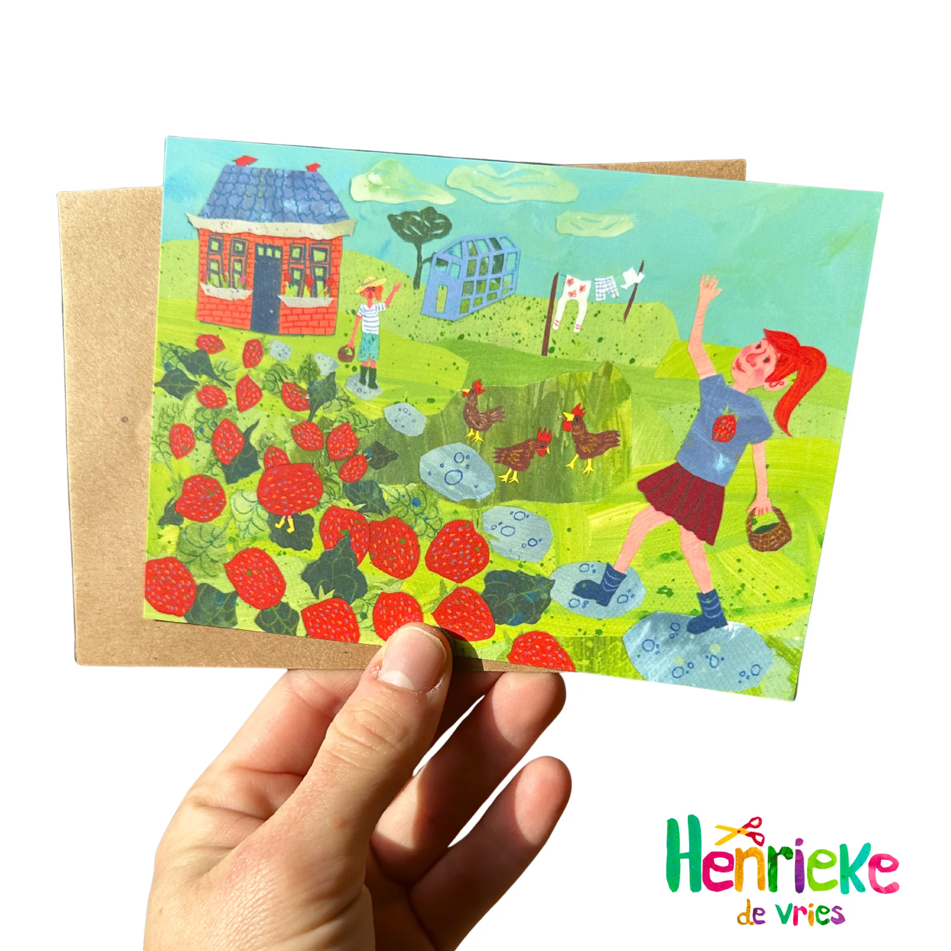 Aardbeien plukken bij omas huis in omas tuin