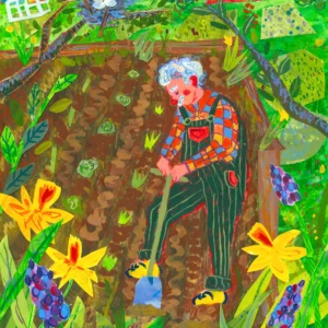 De moestuin. Opa zaait de zaadjes en plantjes in.