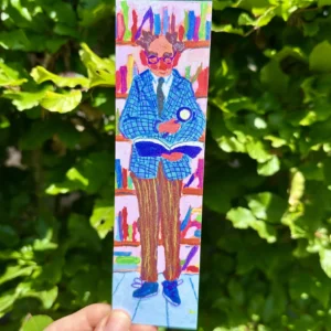 Onderzoeker of advocaat zoekt juiste artikel. Boekenlegger handgemaakte illustratie henrieke de vries